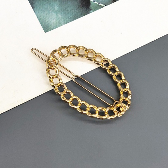 シンプル  金属 ヘアクリップ 金メッキ リンクチェーン 楕円形 透かし 6cm、 1 個 の画像