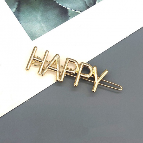 Bild von Einfach Metall Haarklammer Vergoldet Message " Happy " Hohl 6cm, 1 Stück