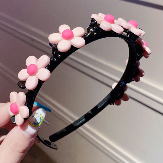 Picture of Acrylic & Resin Children Kids Headband Hair Hoop Braided Hairstyle Pink Flower 11cm Dia., 1 Piece