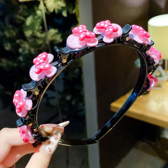 Picture of Acrylic & Resin Children Kids Headband Hair Hoop Braided Hairstyle Pink Bowknot 11cm Dia., 1 Piece