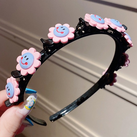 Picture of Acrylic & Resin Children Kids Headband Hair Hoop Braided Hairstyle Blue & Pink Flower 11cm Dia., 1 Piece