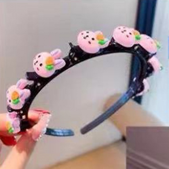Picture of Acrylic & Resin Children Kids Headband Hair Hoop Braided Hairstyle Pink Rabbit 11cm Dia., 1 Piece