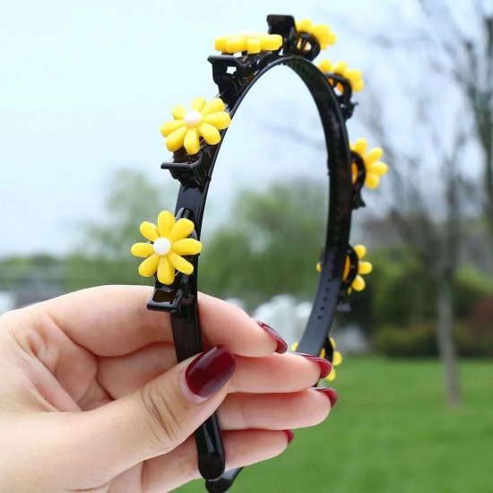 Picture of Acrylic & Resin Children Kids Headband Hair Hoop Braided Hairstyle Yellow Flower 11cm Dia., 1 Piece