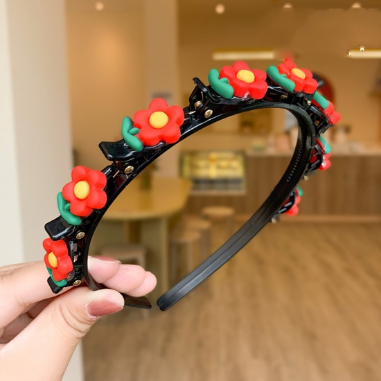 Picture of Acrylic & Resin Children Kids Headband Hair Hoop Braided Hairstyle Red Flower 11cm Dia., 1 Piece