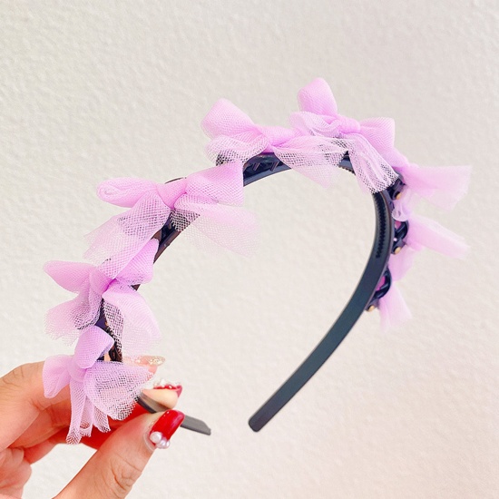 Picture of Acrylic & Resin Children Kids Headband Hair Hoop Braided Hairstyle Pale Lilac Bowknot Lace 11cm Dia., 1 Piece