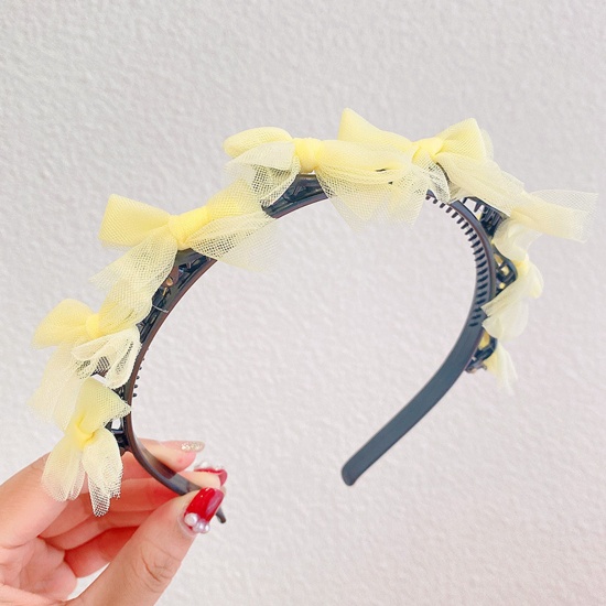 Picture of Acrylic & Resin Children Kids Headband Hair Hoop Braided Hairstyle Yellow Bowknot Lace 11cm Dia., 1 Piece