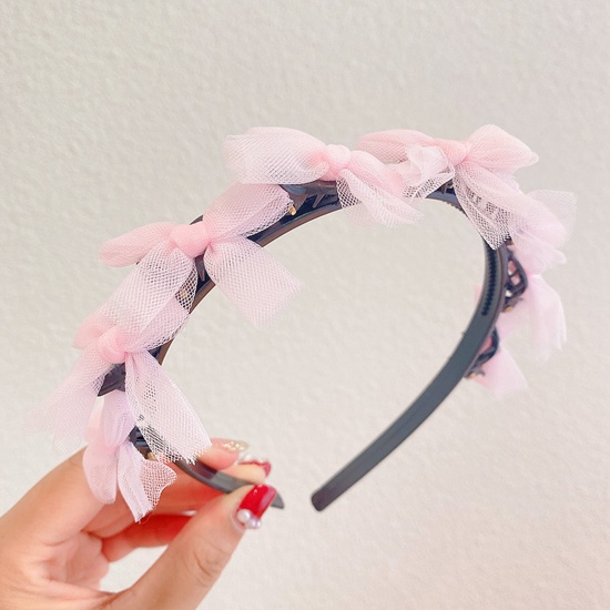 Picture of Acrylic & Resin Children Kids Headband Hair Hoop Braided Hairstyle Pink Bowknot Lace 11cm Dia., 1 Piece