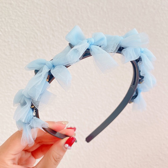 Picture of Acrylic & Resin Children Kids Headband Hair Hoop Braided Hairstyle Blue Bowknot Lace 11cm Dia., 1 Piece