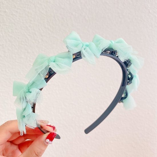 Picture of Acrylic & Resin Children Kids Headband Hair Hoop Braided Hairstyle Green Bowknot Lace 11cm Dia., 1 Piece