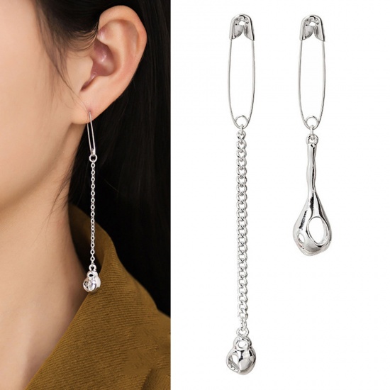 Picture of Exquisite Asymmetric Earrings Silver Plated Liquid Metal Pin 6.8cm x 1.1cm 10.3cm x 0.8cm, 1 Pair