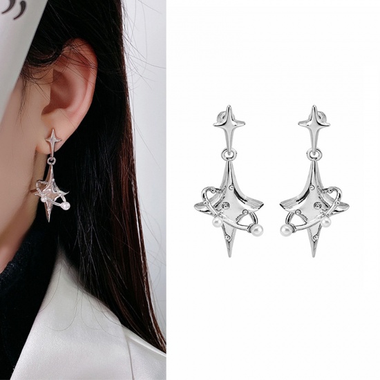 Picture of Exquisite Ear Post Stud Earrings Silver Plated Star 4.8cm x 1.9cm, 1 Pair