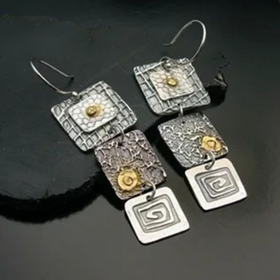 Picture of Boho Chic Bohemia Earrings Gray Square Carved Pattern Gypsy Handmade 6.1cm x 1.5cm, 1 Pair
