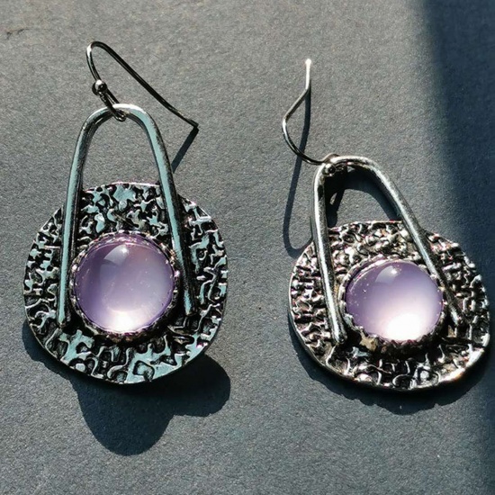 Picture of Boho Chic Bohemia Earrings Antique Silver Color Purple Disc Imitation Gemstones 4.5cm x 3cm, 1 Pair