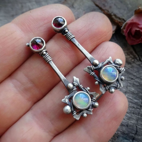 Picture of Boho Chic Bohemia Ear Post Stud Earrings Antique Silver Color Flower Imitation Opal Red Rhinestone 4cm x 1.8cm, 1 Pair