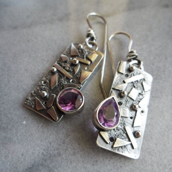 Picture of Boho Chic Bohemia Earrings Antique Silver Color Rectangle Carved Pattern Purple Rhinestone 4.5cm x 1.6cm, 1 Pair