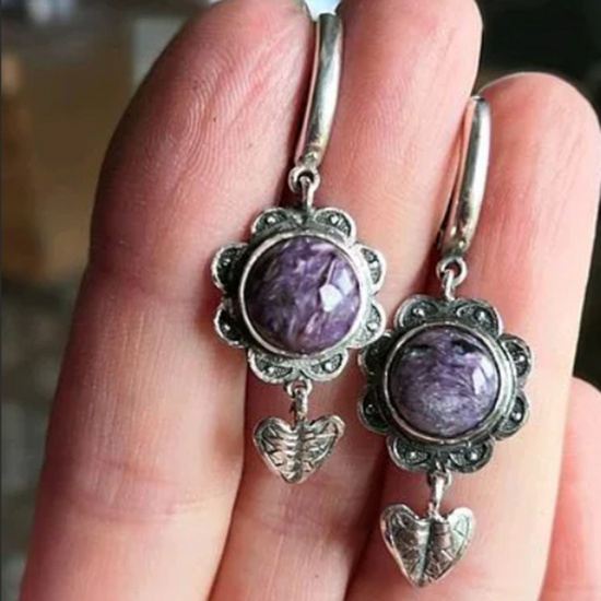 Picture of Boho Chic Bohemia Earrings Antique Silver Color Purple Flower Imitation Gemstones 4.4cm x 1.6cm, 1 Pair
