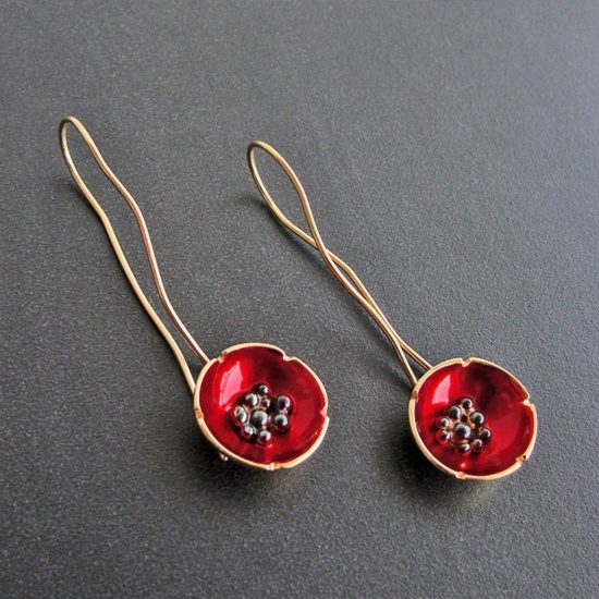 Picture of Boho Chic Bohemia Earrings Gold Plated Red Flower Enamel 6.3cm x 1.8cm, 1 Pair