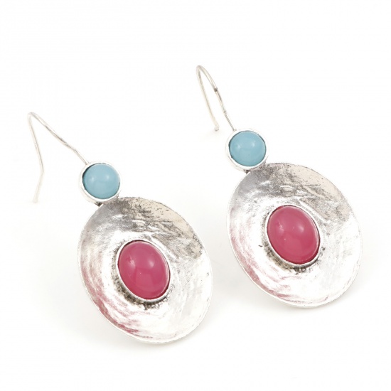 Picture of Boho Chic Bohemia Earrings Antique Silver Color Red Disc Imitation Gemstones 4.5cm x 2cm, 1 Pair