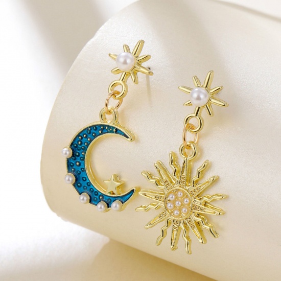 Picture of Galaxy Asymmetric Earrings Gold Plated Blue Sun Moon Enamel Acrylic Imitation Pearl 3.5cm x 2cm, 1 Pair