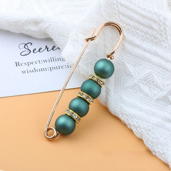 Immagine di Acrilato Elegante Spilla Oro Placcato Verde Imitata Perla Trasparente Strass 7.7cm, 1 Pz