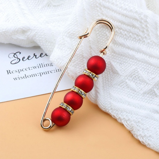 Immagine di Acrilato Elegante Spilla Oro Placcato Rosso Imitata Perla Trasparente Strass 7.7cm, 1 Pz