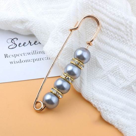 Immagine di Acrilato Elegante Spilla Oro Placcato Grigio Imitata Perla Trasparente Strass 7.7cm, 1 Pz