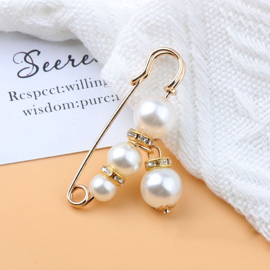 Immagine di Acrilato Elegante Spilla Oro Placcato Bianco Imitata Perla Trasparente Strass 5cm, 1 Pz