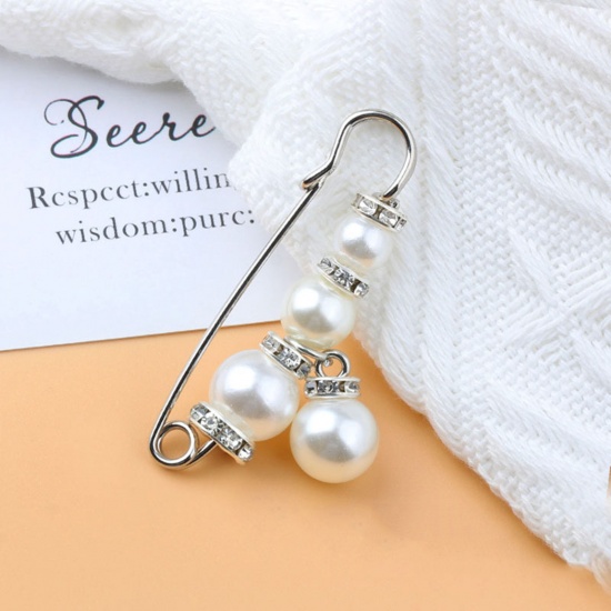 Immagine di Acrilato Elegante Spilla Tono Argento Bianco Imitata Perla Trasparente Strass 5cm, 1 Pz