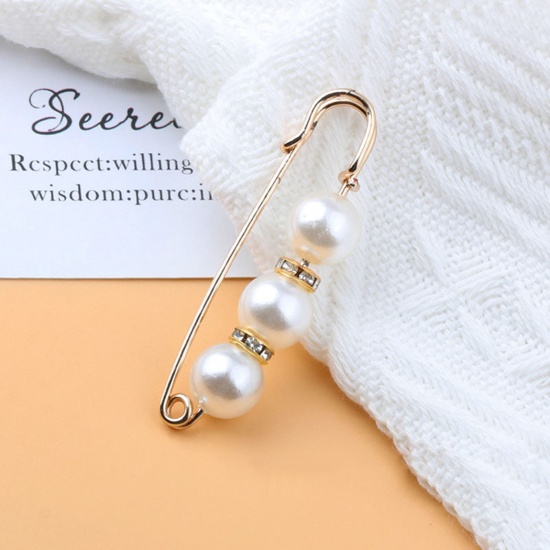 Immagine di Acrilato Elegante Spilla Oro Placcato Bianco Imitata Perla Trasparente Strass 5.8cm, 1 Pz