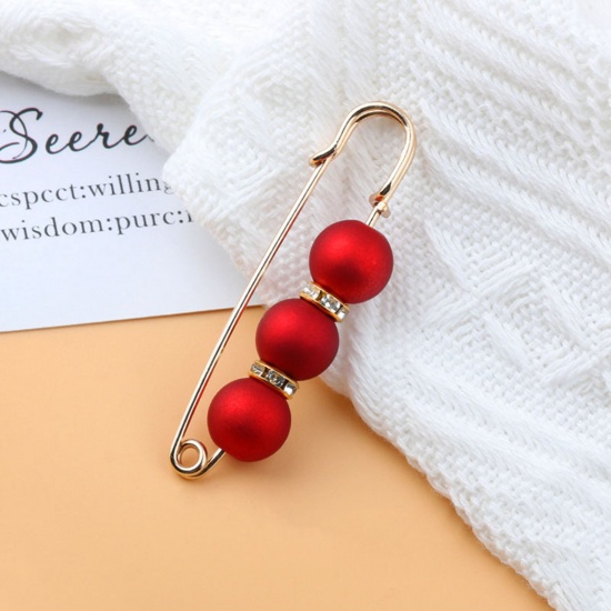 Immagine di Acrilato Elegante Spilla Oro Placcato Rosso Imitata Perla Trasparente Strass 5.8cm, 1 Pz