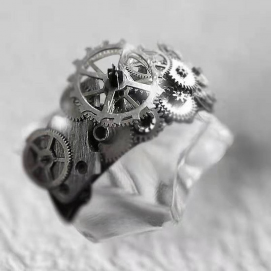 Picture of Steampunk Unadjustable Rings Silver Tone Hollow Gear 18.9mm(US Size 9), 1 Piece