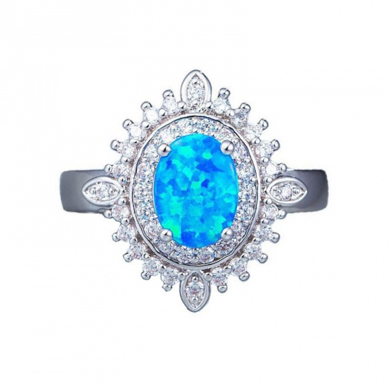 Picture of Elegant Unadjustable Rings Silver Tone Oval Clear Rhinestone Blue Cubic Zirconia 17.3mm(US Size 7), 1 Piece
