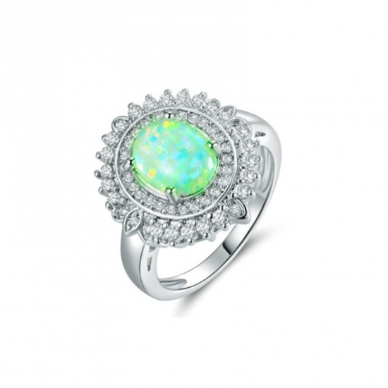 Picture of Elegant Unadjustable Rings Silver Tone Oval Clear Rhinestone Green Cubic Zirconia 16.5mm(US Size 6), 1 Piece