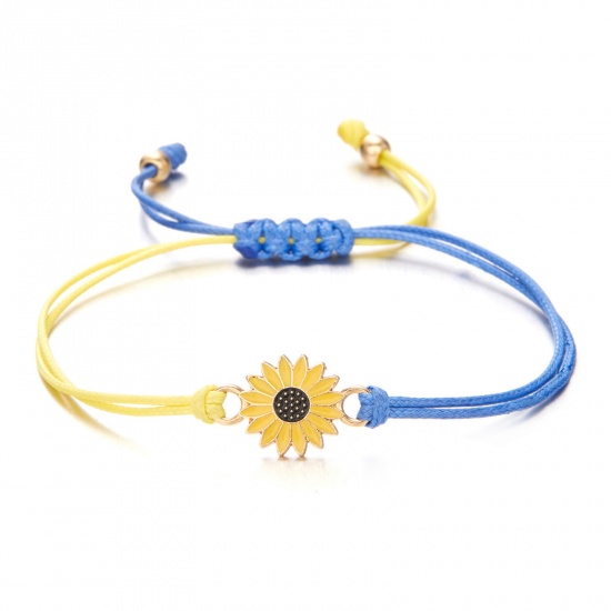 Picture of Polyester Ethnic Braided Bracelets Gold Plated Yellow & Blue Sunflower Adjustable 16cm - 28cm long, 1 Piece
