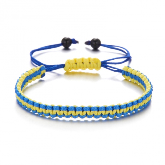 Picture of Polyester Ethnic Braided Bracelets Yellow & Blue Adjustable 16cm - 28cm long, 1 Piece