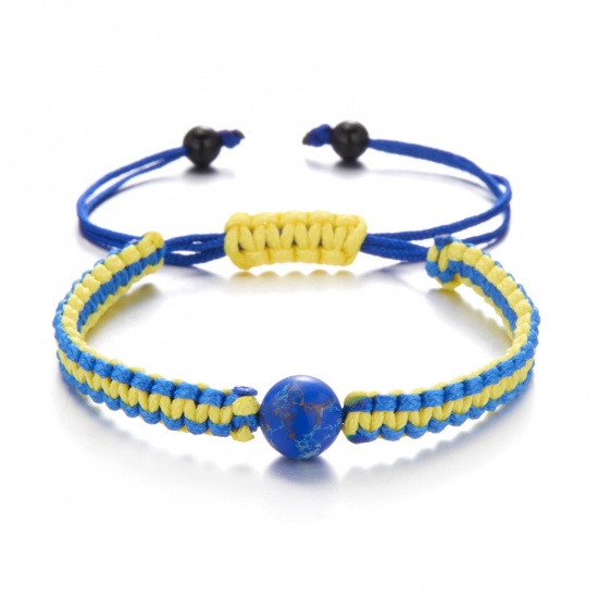 Picture of Polyester Ethnic Braided Bracelets Yellow & Blue Adjustable 16cm - 28cm long, 1 Piece