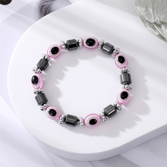 Picture of Resin Boho Chic Bohemia Dainty Bracelets Delicate Bracelets Beaded Bracelet Silver Tone Pink Oval Evil Eye Elastic 18cm(7 1/8") long, 1 Piece