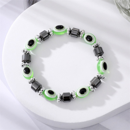 Picture of Resin Boho Chic Bohemia Dainty Bracelets Delicate Bracelets Beaded Bracelet Silver Tone Green Oval Evil Eye Elastic 18cm(7 1/8") long, 1 Piece