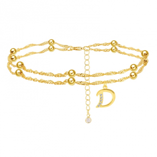Picture of Exquisite Multilayer Layered Anklet Gold Plated Capital Alphabet/ Letter Message " D " Clear Rhinestone 28cm(11") long, 1 Piece