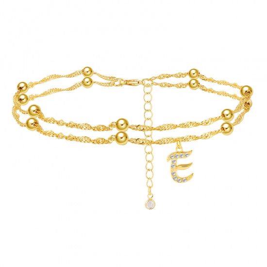 Picture of Exquisite Multilayer Layered Anklet Gold Plated Capital Alphabet/ Letter Message " E " Clear Rhinestone 28cm(11") long, 1 Piece