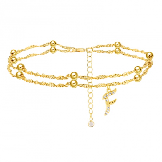 Picture of Exquisite Multilayer Layered Anklet Gold Plated Capital Alphabet/ Letter Message " F " Clear Rhinestone 28cm(11") long, 1 Piece