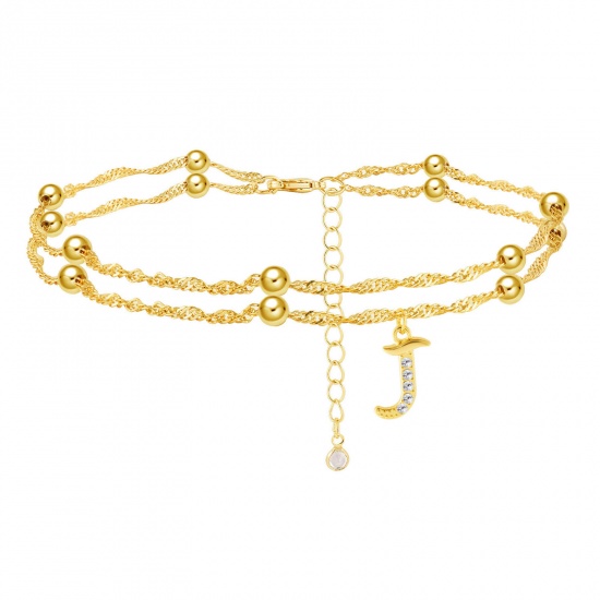 Picture of Exquisite Multilayer Layered Anklet Gold Plated Capital Alphabet/ Letter Message " J " Clear Rhinestone 28cm(11") long, 1 Piece