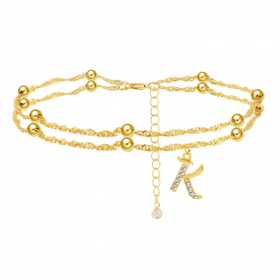 Picture of Exquisite Multilayer Layered Anklet Gold Plated Capital Alphabet/ Letter Message " K " Clear Rhinestone 28cm(11") long, 1 Piece