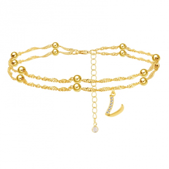 Picture of Exquisite Multilayer Layered Anklet Gold Plated Capital Alphabet/ Letter Message " V " Clear Rhinestone 28cm(11") long, 1 Piece