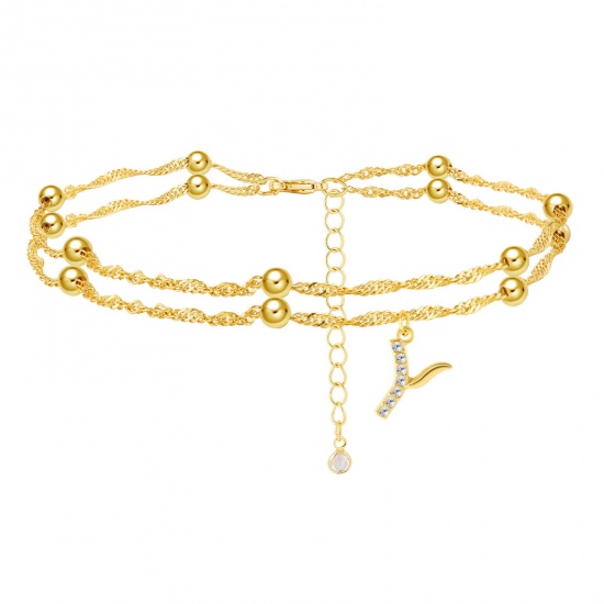 Picture of Exquisite Multilayer Layered Anklet Gold Plated Capital Alphabet/ Letter Message " Y " Clear Rhinestone 28cm(11") long, 1 Piece