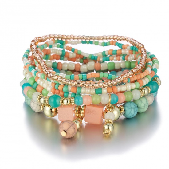 Bild von Acryl Böhmischer Stil Perlenarmband Bunt Würfel Elastisch 18cm lang, 1 Set ( 8 Stück/Set)