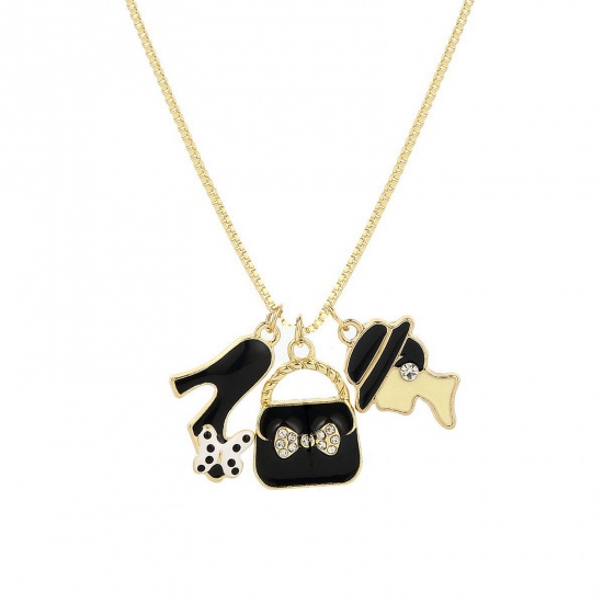 Immagine di Clothes Charm Necklace Gold Plated Bag High-Heeled Shoes Clear Rhinestone Enamel 51cm(20 1/8") long, 1 Piece