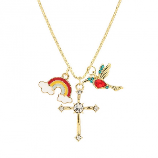 Image de Insect Charm Necklace Gold Plated Rainbow Cross Clear Rhinestone Enamel 51cm(20 1/8") long, 1 Piece
