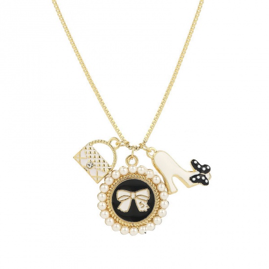 Immagine di Clothes Charm Necklace Gold Plated Bag Bowknot Clear Rhinestone Enamel 51cm(20 1/8") long, 1 Piece
