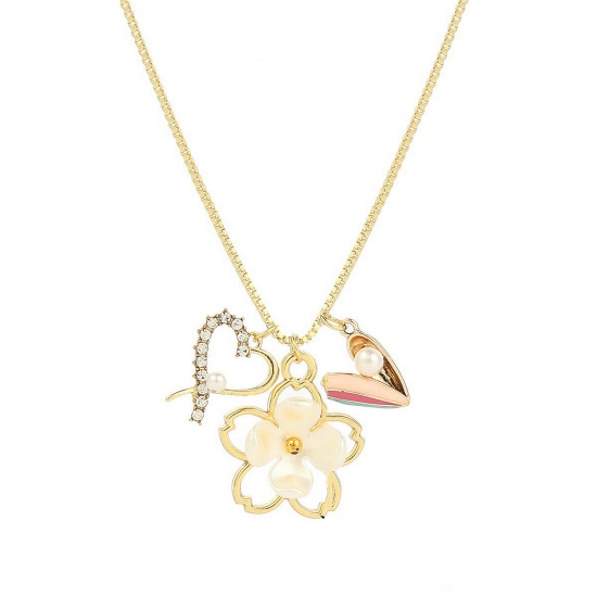 Immagine di Valentine's Day Charm Necklace Gold Plated Flower Clear Rhinestone Enamel 51cm(20 1/8") long, 1 Piece